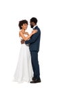 African american bridegroom and bride hugging isolated on white