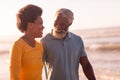 Cheerful african american couple talking while standing against sea and clear sky at sunset Royalty Free Stock Photo