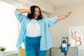 Cheerful African American Female Blogger Making Video Dancing At Home Royalty Free Stock Photo