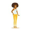 Cheerful African American girl with beautiful natural hair in street fashion outfit. Colorful cartoon character vector
