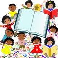 Cheerful African children with a large book on a white