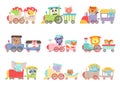 Cheerful African and Forest Animals Riding on Toy Train Vector Illustrations Set