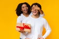 Cheerful afro girl covering her boyfriend`s eyes and giving him present Royalty Free Stock Photo