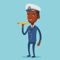 Cheerful airline pilot with model of airplane. Royalty Free Stock Photo