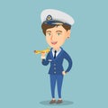 Cheerful airline pilot with the model of airplane. Royalty Free Stock Photo