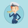 Cheerful airline pilot with model airplane. Royalty Free Stock Photo