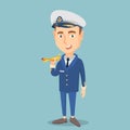 Cheerful airline pilot with model of airplane. Royalty Free Stock Photo