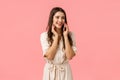 Cheerful alluring and carefree happy woman in dress, laughing talking on phone, calling best friend and discuss romantic Royalty Free Stock Photo