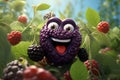 Cheerful animated blackberry with a smile on his face among the berries