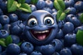 Cheerful animated blueberry with a smile on his face among the berries