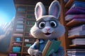 Cheerful Animated Bunny with Glasses Holding a Book in Library