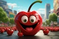 A cheerful animated cherry with a smile on its face among the berries