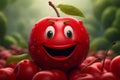 A cheerful animated cherry with a smile on its face among the berries