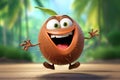 A cheerful animated coconut is walking with a smile on his face