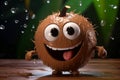 A cheerful animated coconut is walking with a smile on his face