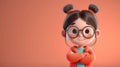 Cheerful Animated Girl with Glasses and Pigtails in a Red Jacket Against a Peach Background 3D Illustration for Children