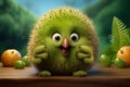 Cheerful animated green kiwi with a beak and a smile on its face