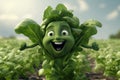 Cheerful animated green spinach with a smile on its face in the vegetable garden