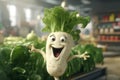 A cheerful animated horseradish with a smile on his face in the garden