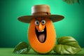 Cheerful animated orange papaya with a smile on his face and a hat on his head