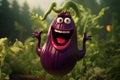 Cheerful animated purple eggplant with a smile on his face