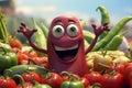 Cheerful animated red beans with a smile on their face among the vegetables