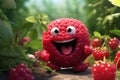 Cheerful animated red raspberry with a smile on its face among the berries