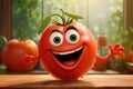 Cheerful animated red wet tomato with a smile on his face on the kitchen table Royalty Free Stock Photo