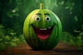 A cheerful animated watermelon with a smile on its face in the garden