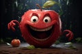 A cheerful animated wet red apple with a smile on its face in the rain