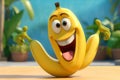 A cheerful animated yellow banana with a smile on its face on the kitchen table