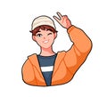 Cheerful anime boy wink and giving a V sign. Happy male character in street style clothes. Vector cartoon illustration