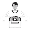 Cheerful arab man holding retro camera black and white 2D line cartoon character