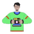 Cheerful arab man holding retro camera 2D linear cartoon character