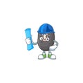 Cheerful Architect black beans cartoon character having blue prints