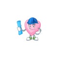 Cheerful Architect pink love cartoon character having blue prints