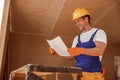 Joyful builder studying architectural plan at construction site Royalty Free Stock Photo