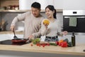 Cheerful asian couple enjoying cooking together at home Royalty Free Stock Photo