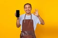 Cheerful Asian man showing smartphone blank screen and gesturing okay sign over yellow background