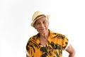 Cheerful asian senior old man, Confident and smiling elderly people in colorful hawaii shirt.