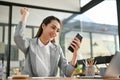 Cheerful Asian businesswoman holding a smartphone, showing clenched fist, celebrating Royalty Free Stock Photo