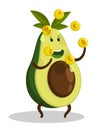 Cheerful avocado character deftly juggles balls with vitamins. Benefits of fresh vegetables and fruits during dietary nutrition.