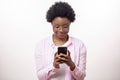 Cheerful awesom afro woman using her smart phone