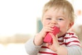 Cheerful baby biting a toy an looking you