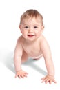 Cheerful baby creeps on white Royalty Free Stock Photo