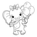 Cheerful baby elephant. Black and white linear drawing. Vector