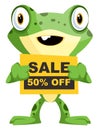 Cheerful baby frog holding a sign for sale, illustration, vector Royalty Free Stock Photo