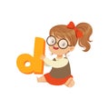 Cheerful baby girl character sitting on the floor with toy letter D for speech games. Cartoon kid character in flat