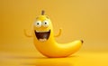 cheerful banana cartoon character on a bright yellow background. Isolated on background for use as illustration in books,