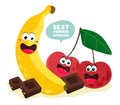 Cheerful banana and cherry with pieces of chocolate and quote. Best friends forever. Vector illustration in cartoon flat style.